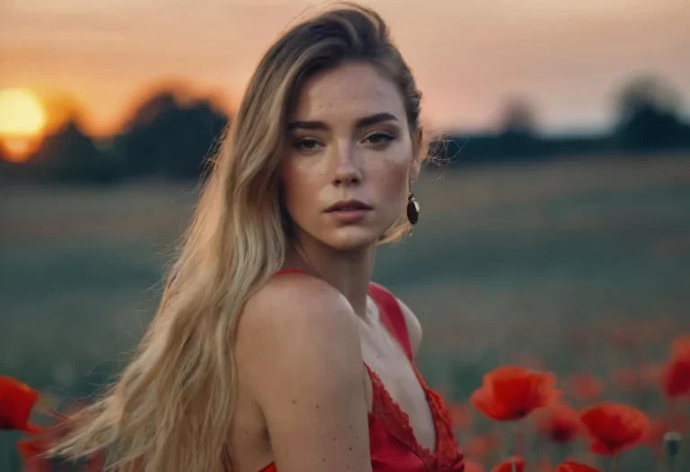 A close-up portrait of a woman with long blonde hair in a red dress, standing in a field of red flowers with the sunset in the background. This is an AI-generated image using Stable Diffusion.