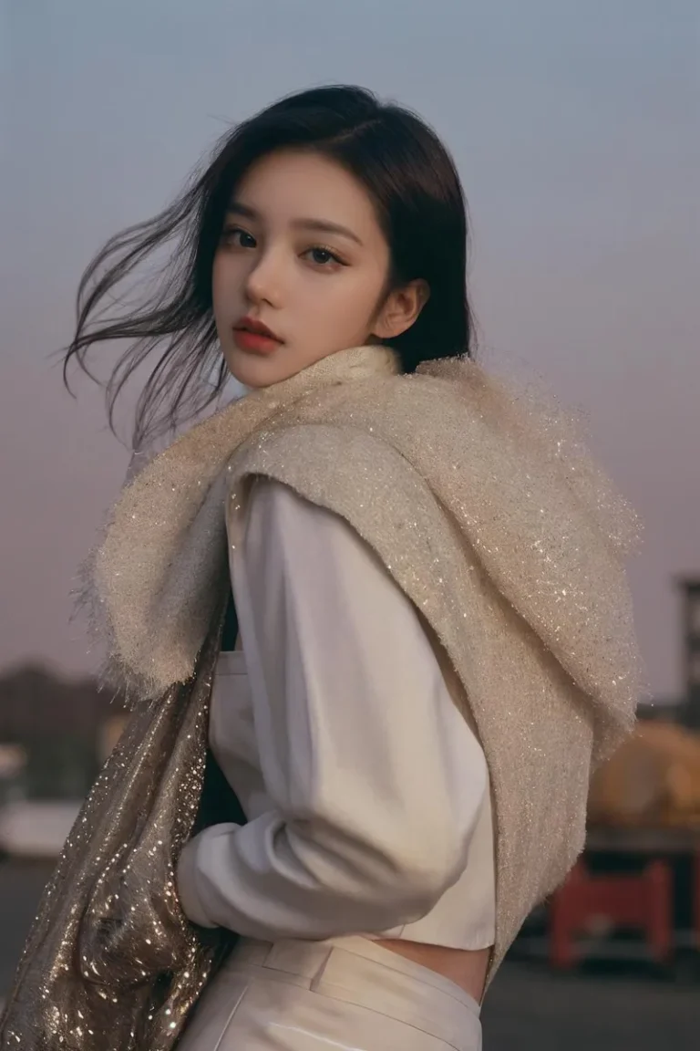 A portrait of a young woman with long, dark hair, dressed in a white outfit and a shiny beige shawl, looking over her shoulder at sunset. AI generated using stable diffusion.