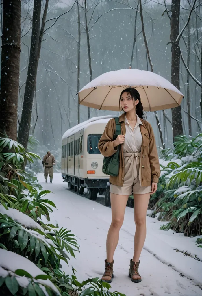 A woman holding an umbrella in a snowy forest near a stationary train. AI generated image using stable diffusion.