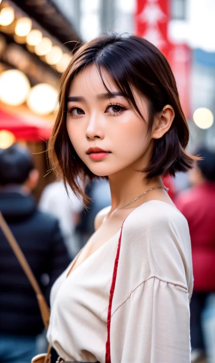 AI generated image using stable diffusion of a young woman with short hair, wearing a white blouse with a red trim, standing in a busy urban setting with blurred lights and people in the background.