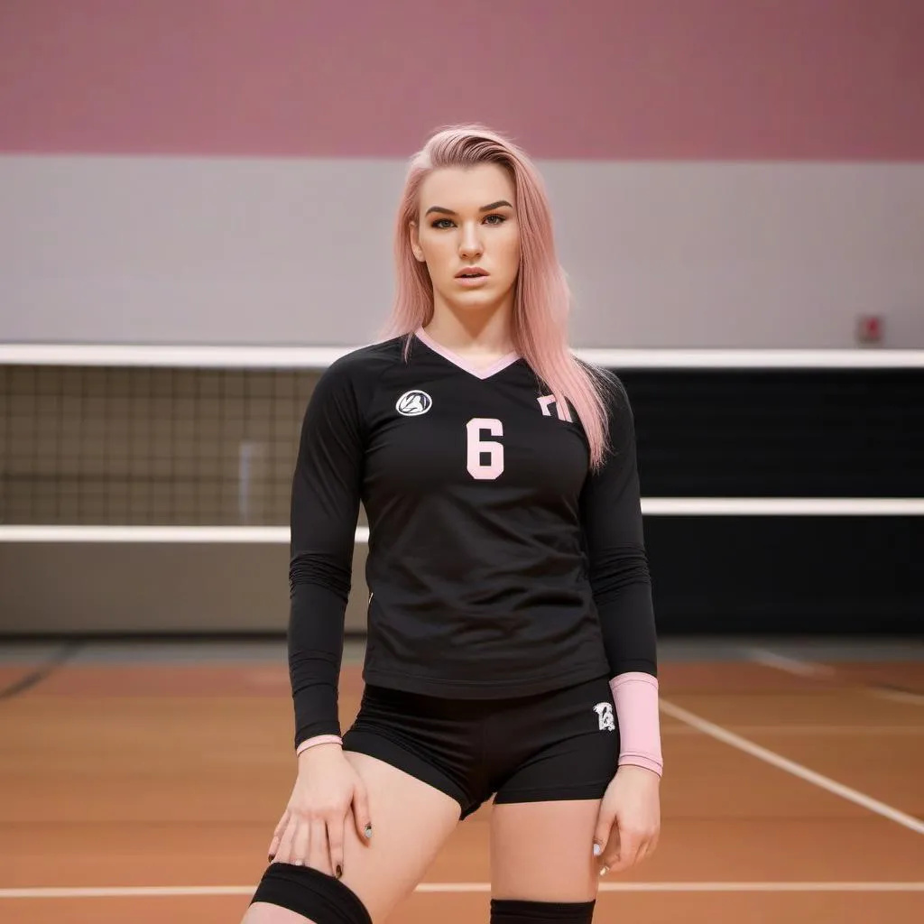 AI generated image using stable diffusion of a woman volleyball player with pink hair, wearing a black uniform with the number 6, standing on an indoor court.