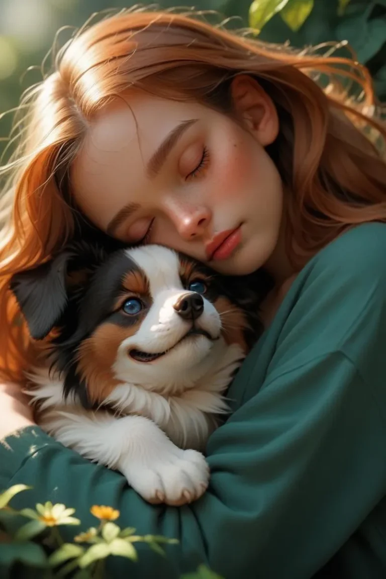A young woman with her eyes closed, embracing a fluffy white and brown dog with blue eyes. This is an AI generated image using Stable Diffusion.