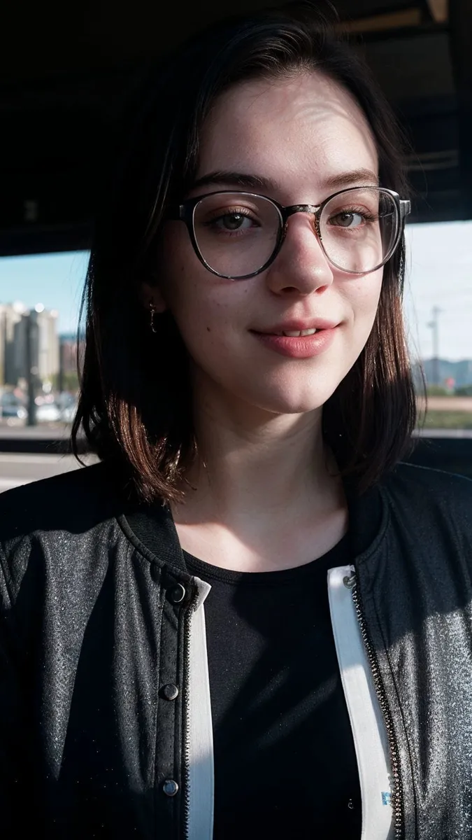 A close-up portrait of a young woman with glasses, dark hair, and a black jacket, created using Stable Diffusion.
