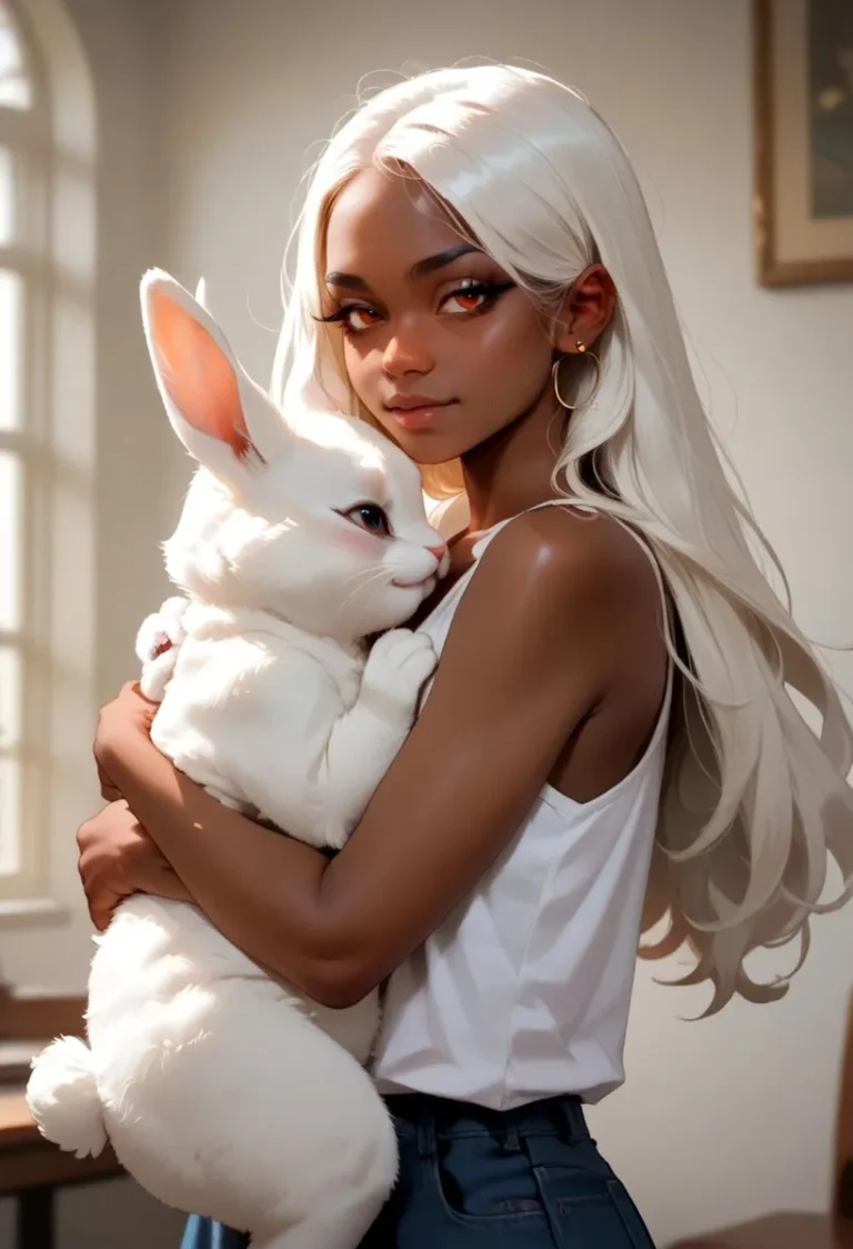 AI generated image of a woman with long white hair embracing a large white rabbit. The woman is wearing a sleeveless white top and hoop earrings, set in a softly lit room.