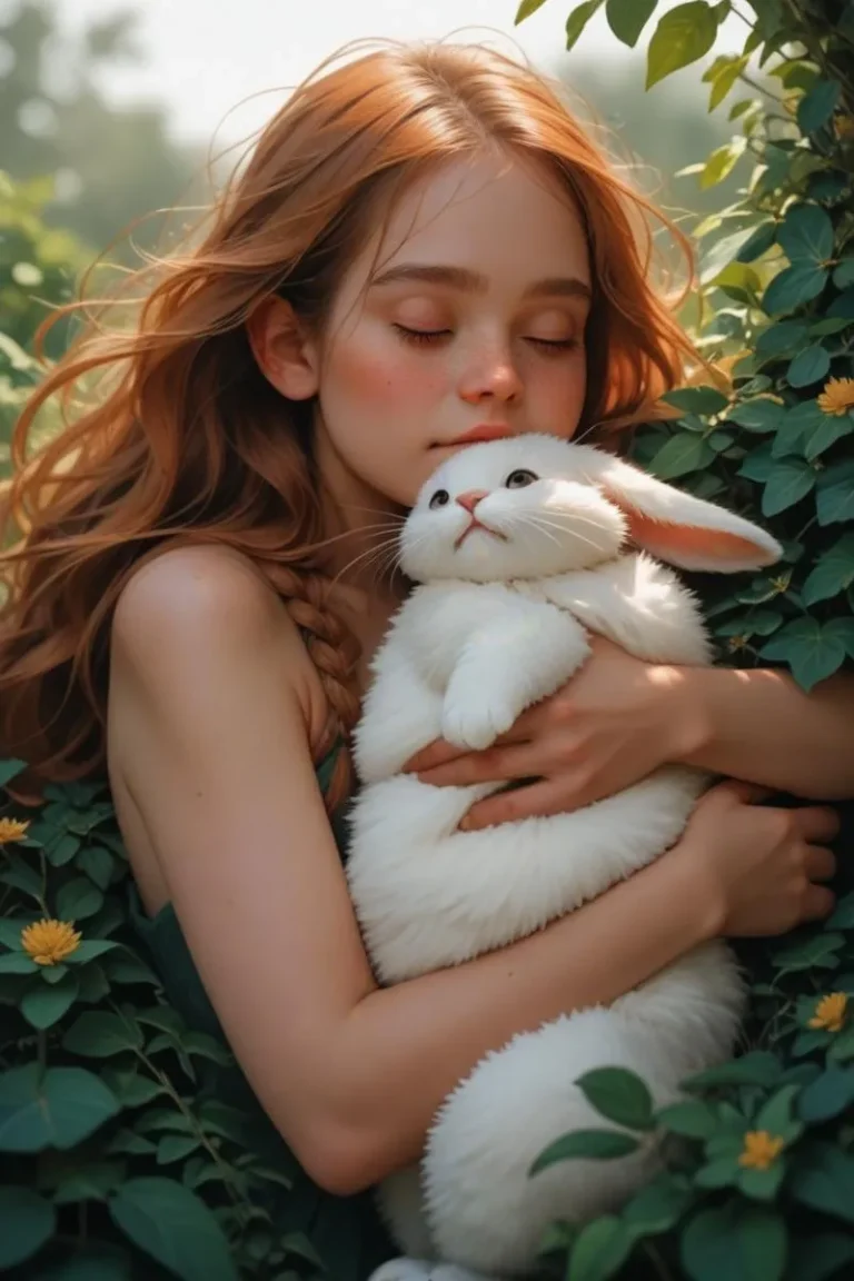 A red-haired woman with freckles holding a white rabbit in a lush green garden with yellow flowers. This is an AI generated image using Stable Diffusion.