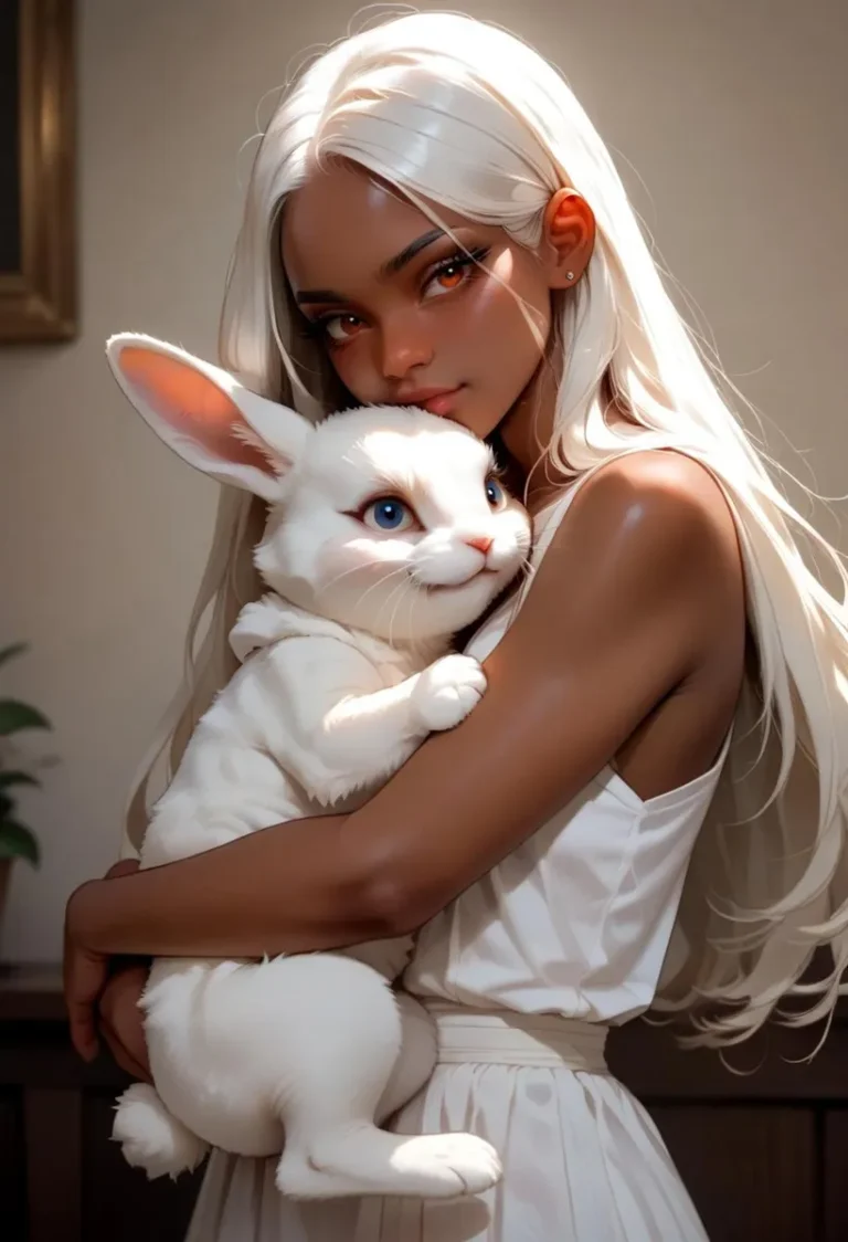 A beautiful AI generated image using Stable Diffusion, depicting a woman with long white hair, holding a white rabbit with blue eyes.