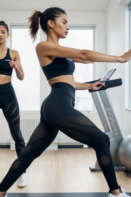 Two women engaged in a fitness workout, with one using a treadmill, AI generated image using Stable Diffusion.
