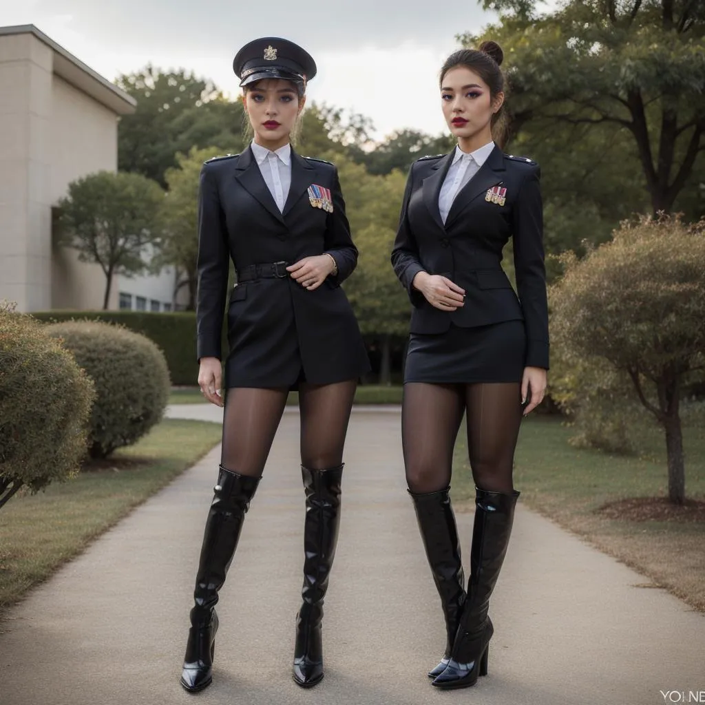 Two women dressed as military police officers in black uniforms with medals, AI generated using stable diffusion.