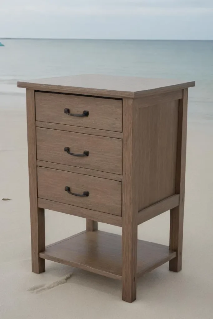 Wooden furniture piece with three drawers and a bottom shelf, placed in a beach setting with calm waves in the background, AI generated using Stable Diffusion.