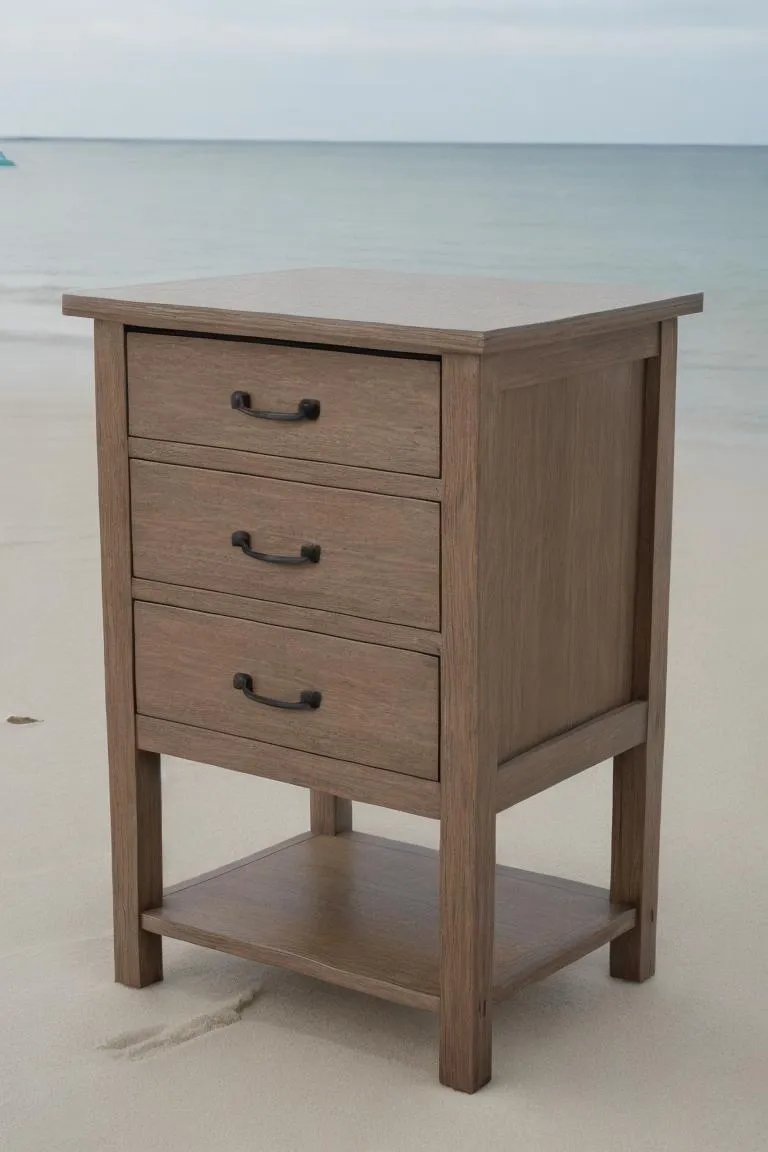 Wooden furniture piece with three drawers and a bottom shelf, placed in a beach setting with calm waves in the background, AI generated using Stable Diffusion.