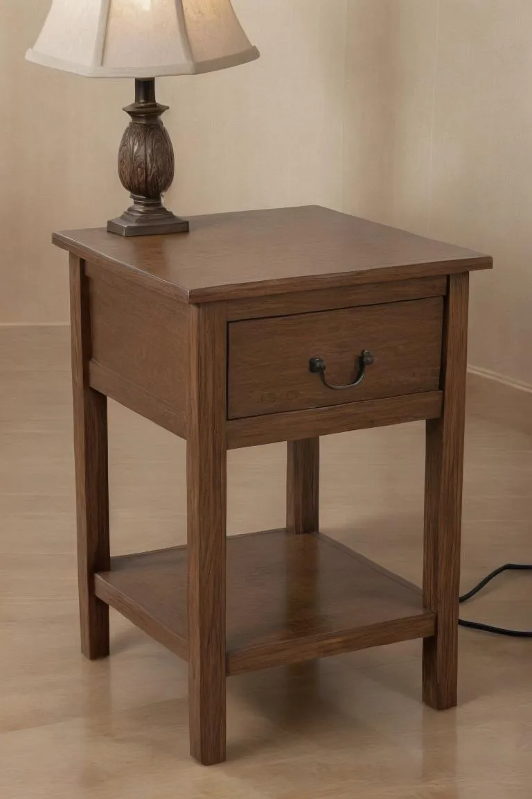 AI generated image of a wooden nightstand with a single drawer and a lower shelf, topped with an ornate table lamp. Created using Stable Diffusion.
