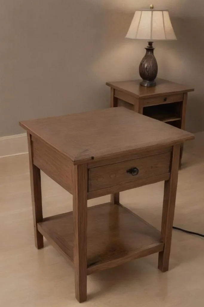 A wooden side table with a single drawer and bottom shelf, accompanied by a brown ceramic bedside lamp with a beige shade, created using stable diffusion.