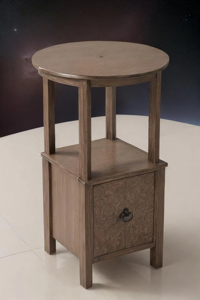 Wooden side table with intricate design on drawer, set against a cosmic space background, generated using stable diffusion.