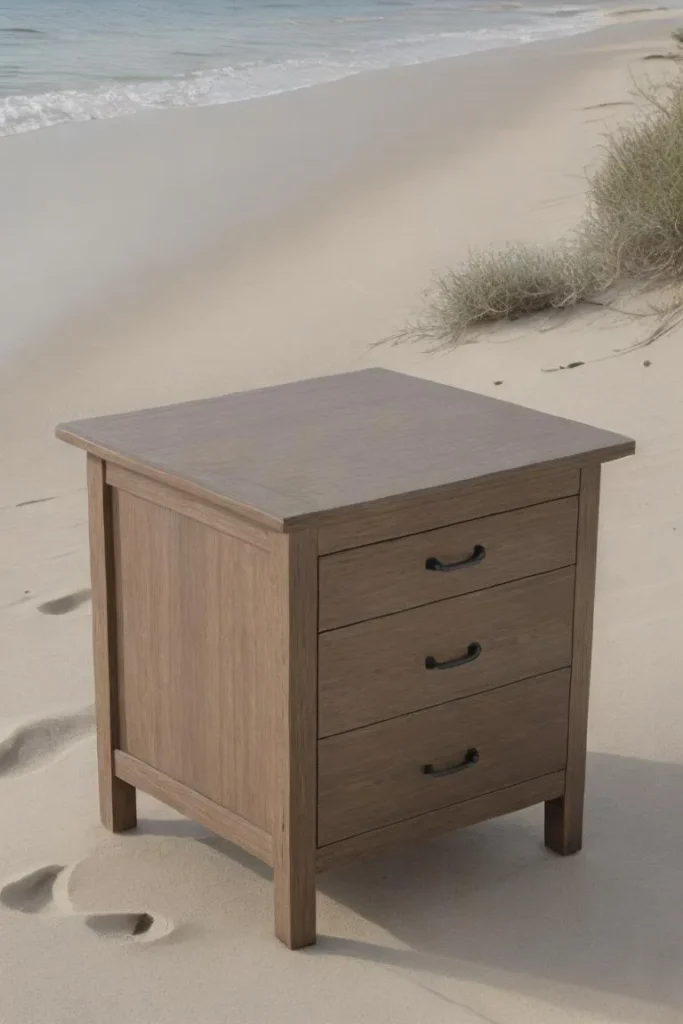A wooden dresser with three drawers on a sandy beach, AI generated image using Stable Diffusion.