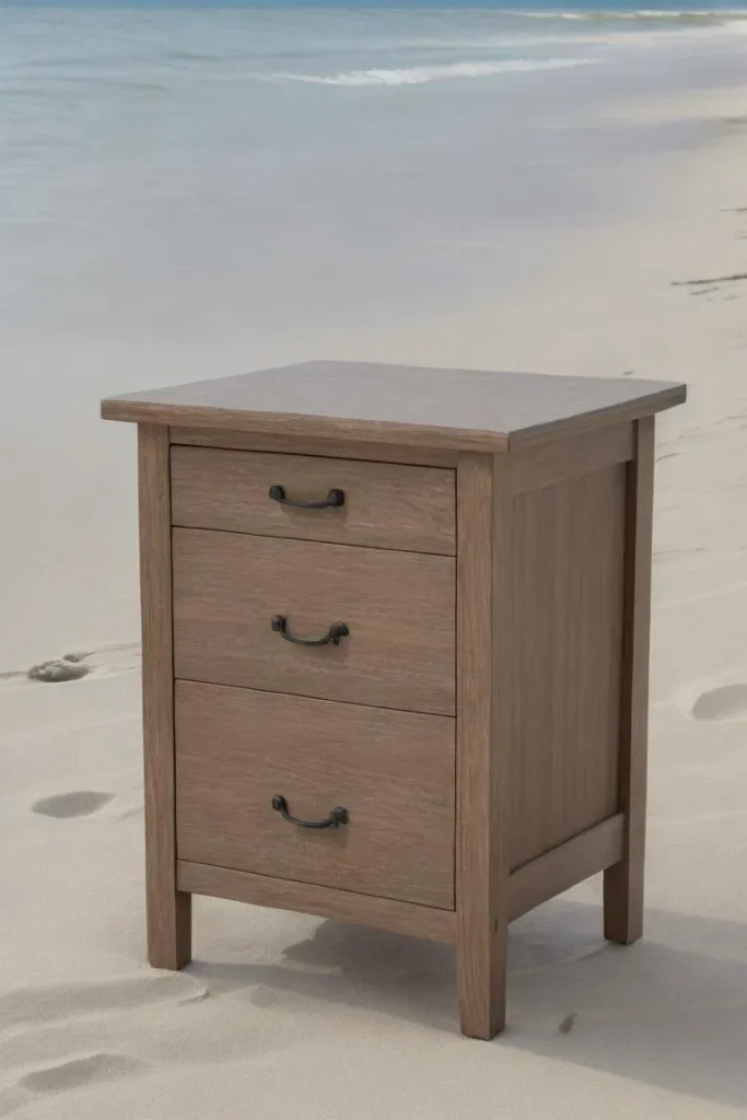 A wooden nightstand with three drawers featuring black handles, situated on a sandy beach with the ocean in the background. This is an AI generated image using stable diffusion.