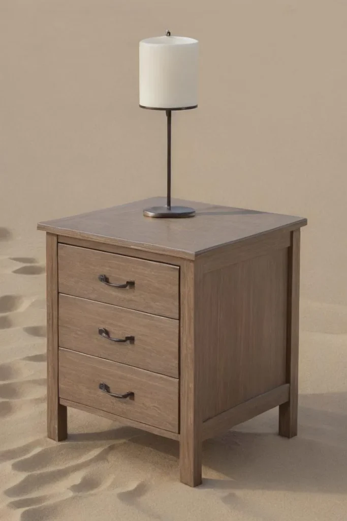 A 3-drawer wooden nightstand with a simple lamp sits on a sandy surface, an AI generated image using stable diffusion.