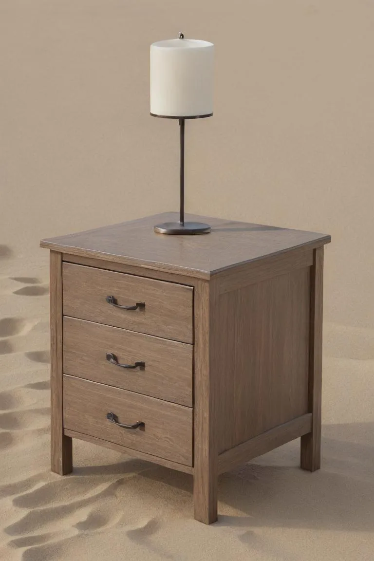 A 3-drawer wooden nightstand with a simple lamp sits on a sandy surface, an AI generated image using stable diffusion.