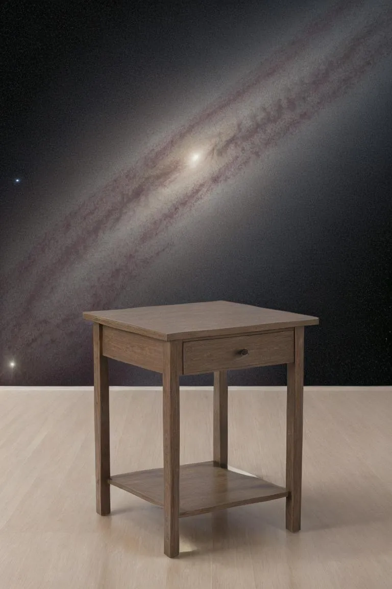 A wooden table with a drawer and shelf, set against an artistic backdrop of a spiral galaxy. Emphasize that this is an AI generated image using Stable Diffusion.