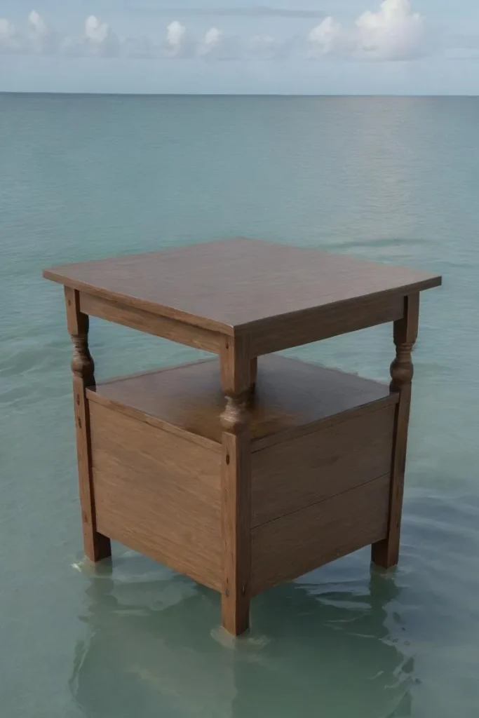 Wooden table floating in the calm ocean, an AI generated image using Stable Diffusion