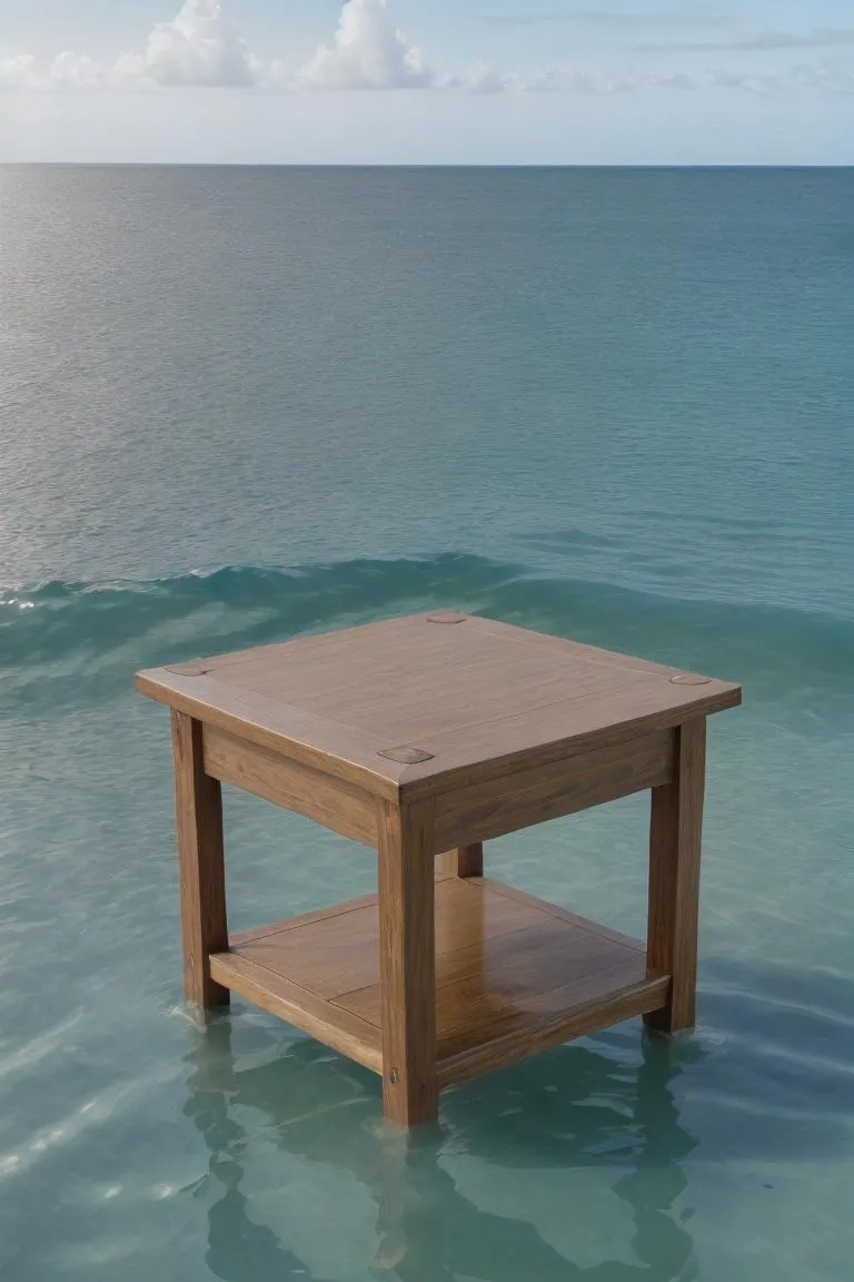 An AI generated image using stable diffusion showing a wooden table floating in water with the ocean and sky in the background.