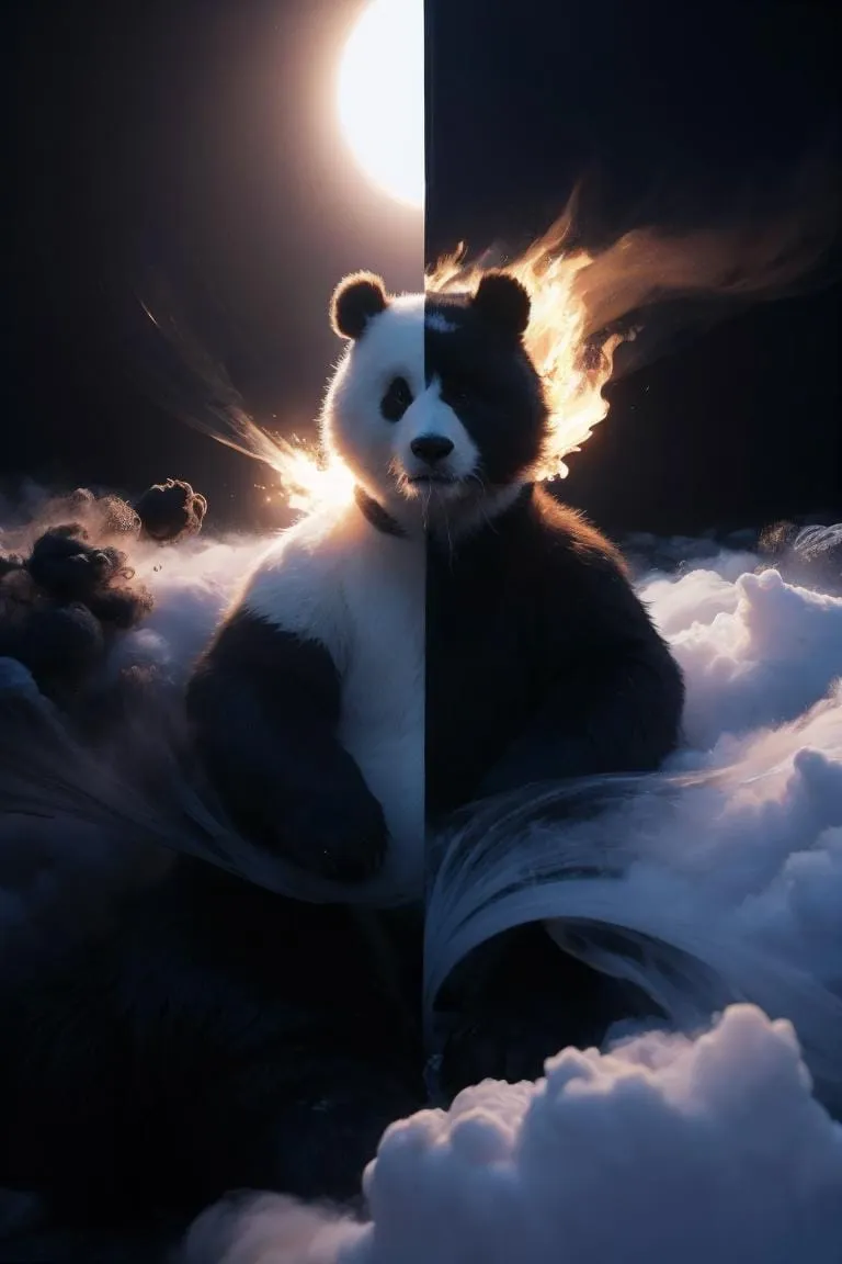 AI generated image showing a panda with a yin-yang split, surrounded by mystical clouds, created using Stable Diffusion