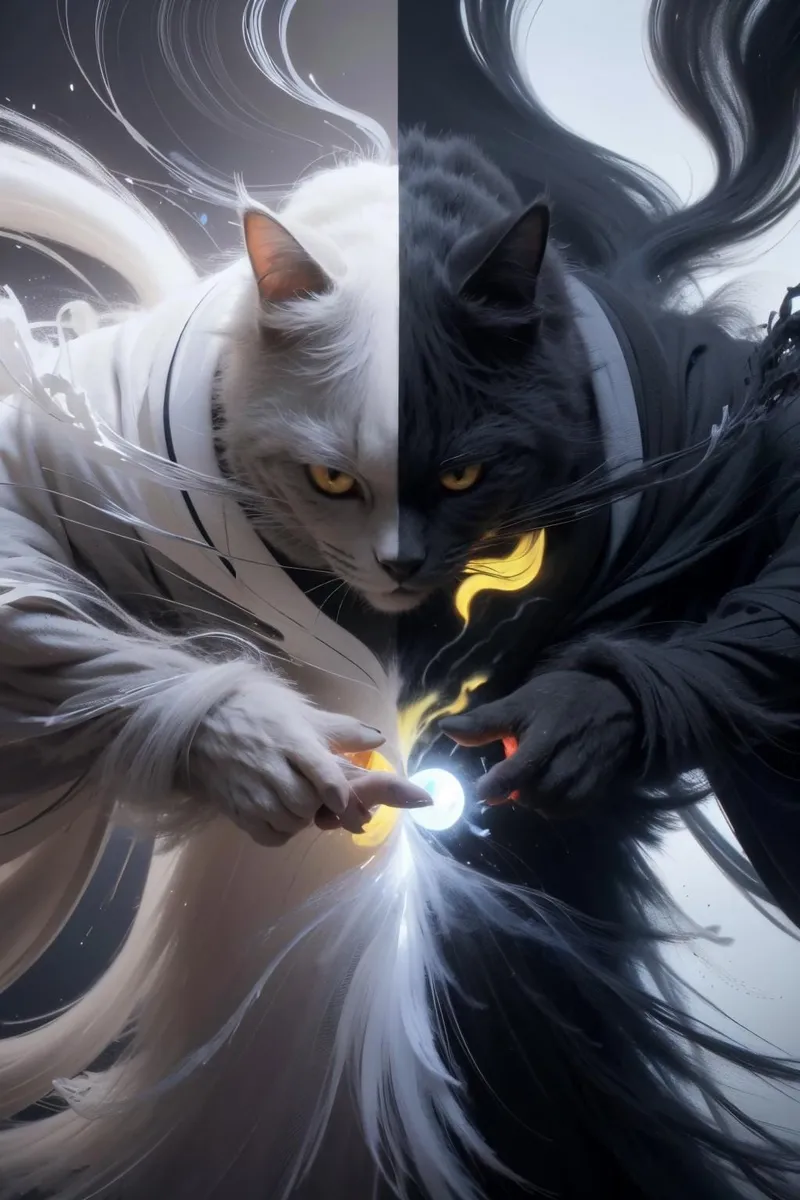 AI generated image of a cat with one side white and the other side black, representing yin and yang. The cat is wearing robes and holding a glowing orb.