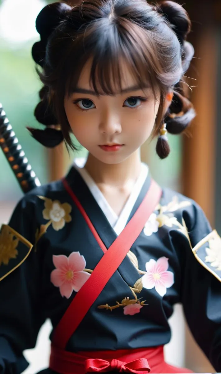AI-generated image of a young girl dressed in a black kimono with pink floral designs, her hair styled in buns, and a sword on her back.