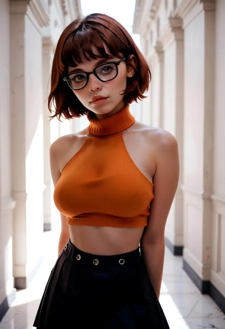 AI generated image using Stable Diffusion depicting a young woman with short red hair wearing glasses and a casual orange halter top with a black skirt.