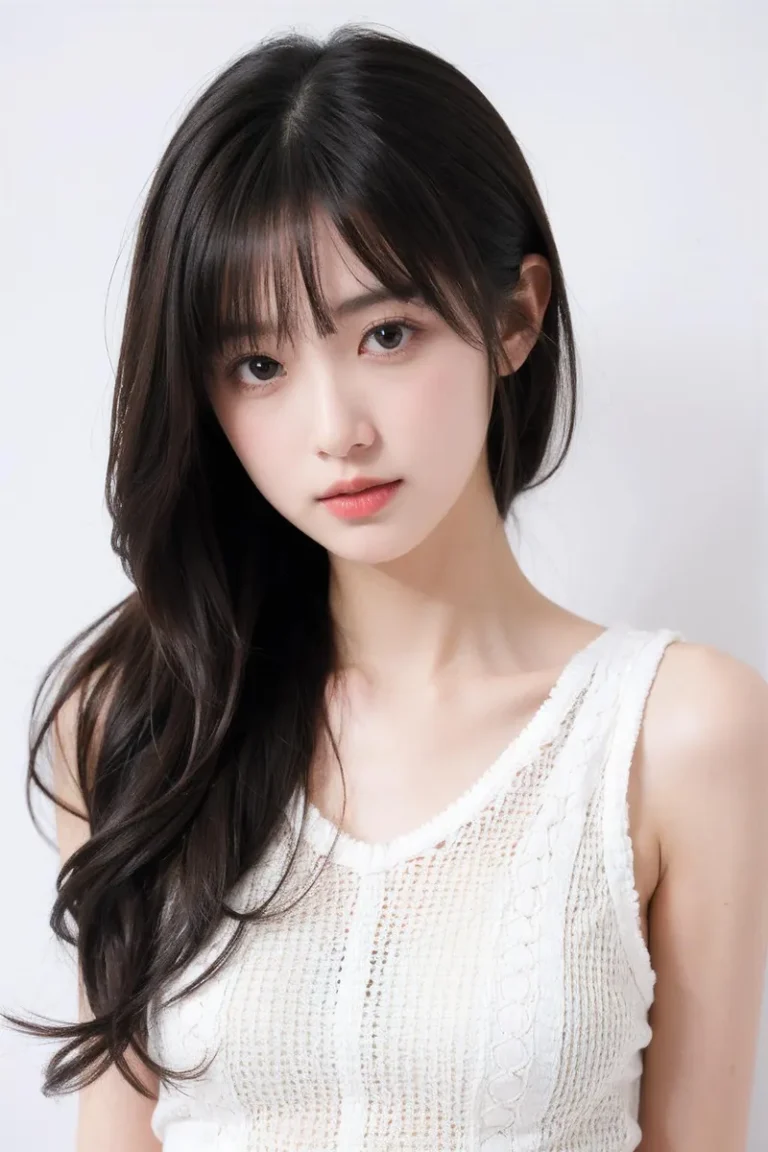 A close-up portrait of a young woman with long black hair, wearing a white sleeveless top. This is an AI-generated image using Stable Diffusion.