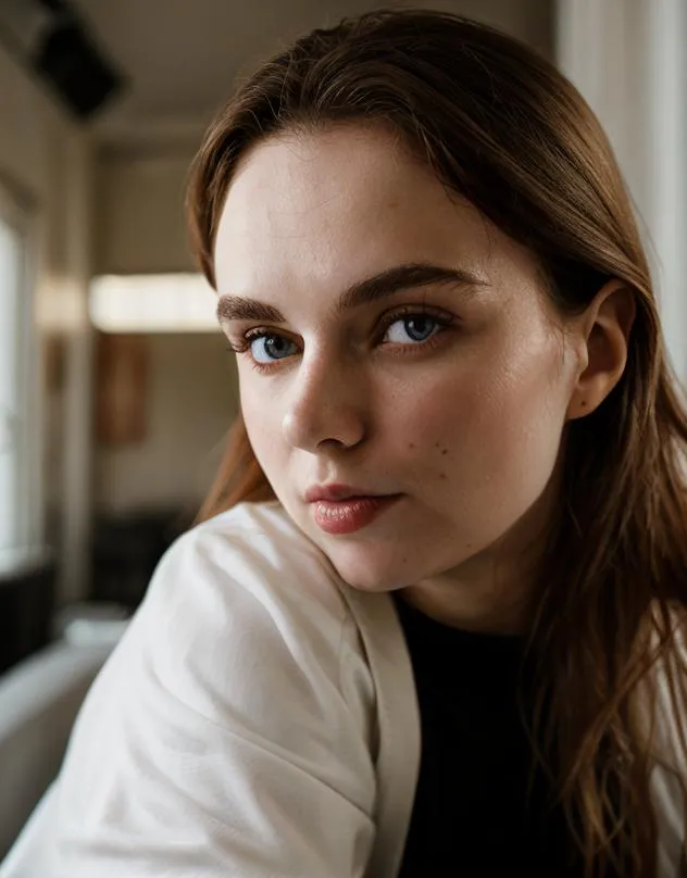 Close-up portrait of a young woman with light brown hair and blue eyes, wearing a white shirt and black top, seated indoors, and lit by natural light. AI-generated image using Stable Diffusion