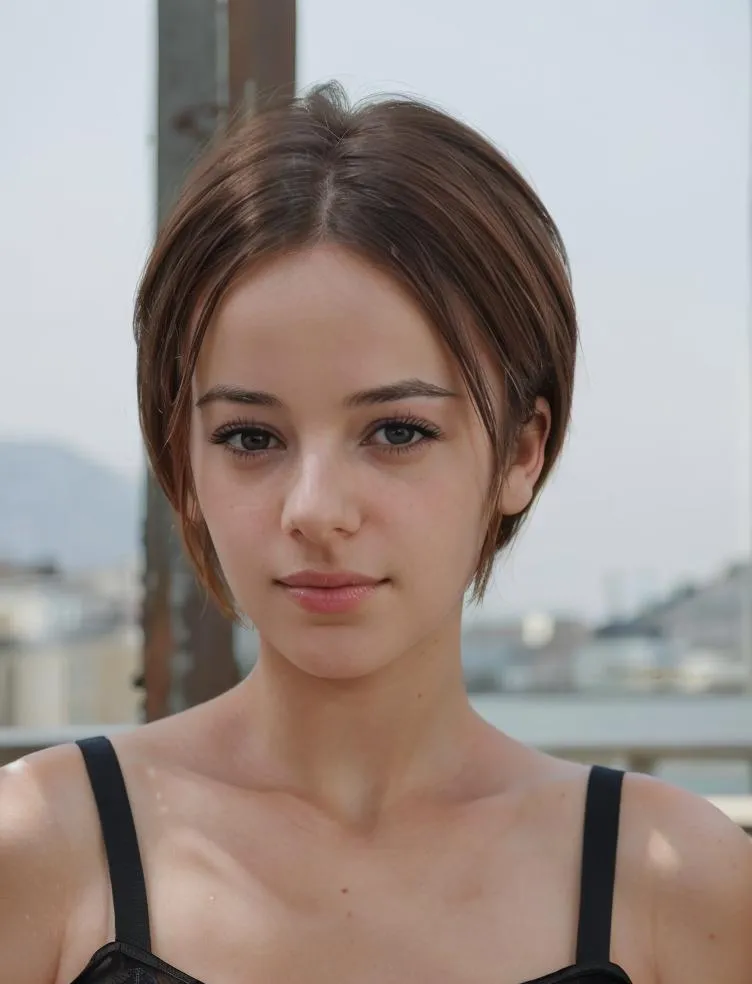 Young woman with short brown hair, looking directly at the camera, wearing a black tank top. Background is an outdoor urban scene with buildings and blue sky. AI-generated image using Stable Diffusion.