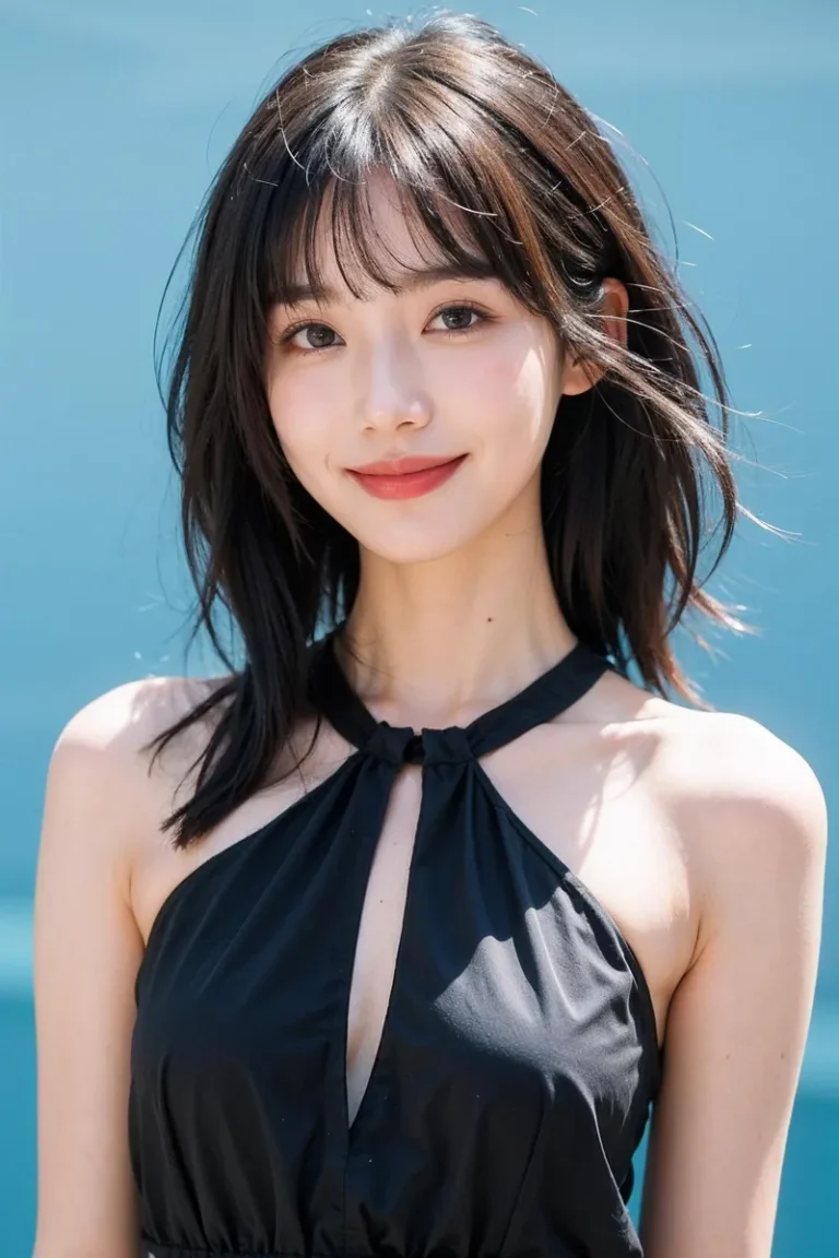 A young woman with shoulder-length dark hair, smiling and wearing a sleeveless black dress. AI generated image using Stable Diffusion.