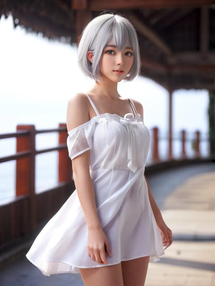 AI generated image of a young woman with short silver hair in a white dress standing on a wooden walkway overlooking water.