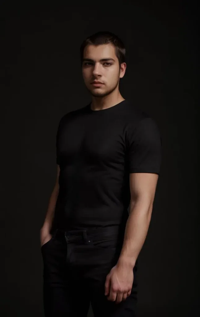 A realistic, ai generated image created using stable diffusion of a young man with short hair wearing a fitted black t-shirt and black jeans, standing confidently against a dark background.