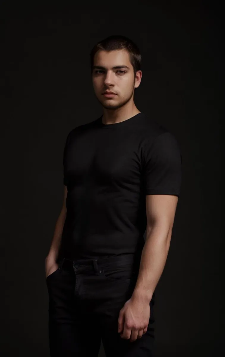 A realistic, AI generated image created using stable diffusion of a young man with short hair wearing a fitted black t-shirt and black jeans, standing confidently against a dark background.
