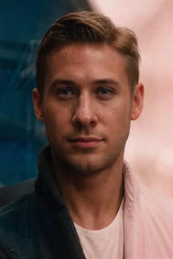 A realistic portrait of a young man created using stable diffusion. The man has short light brown hair and blue eyes, wearing a white shirt and dark jacket.