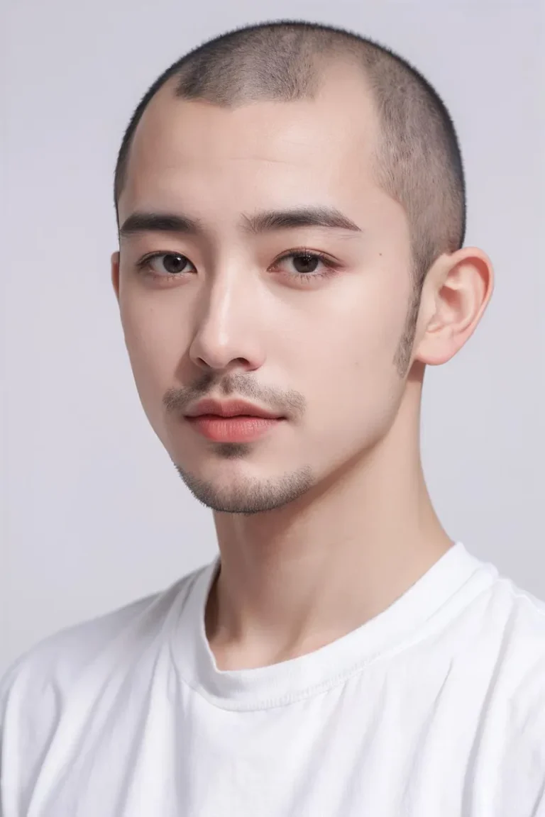 Close-up portrait of a young man with a stylish shaved haircut, a slight mustache and goatee, and wearing a white t-shirt, generated using Stable Diffusion AI.