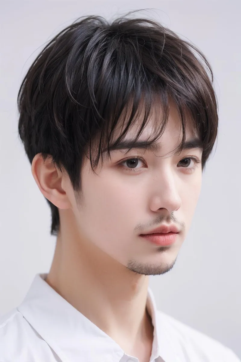 Close-up of a young man with short dark hair and a light stubble, wearing a white shirt. AI generated image using Stable Diffusion.