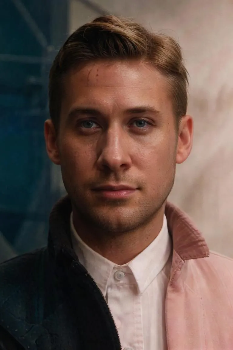 AI generated image of a young man with a serious expression, wearing a button-up shirt and a jacket, created using Stable Diffusion.