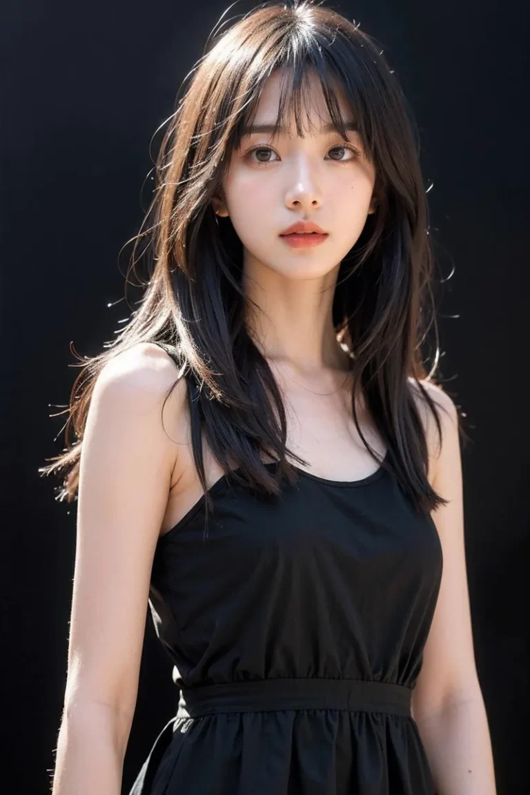 A realistic AI generated image of a young woman with straight black hair, wearing a black sleeveless dress and looking directly at the camera, created using stable diffusion.