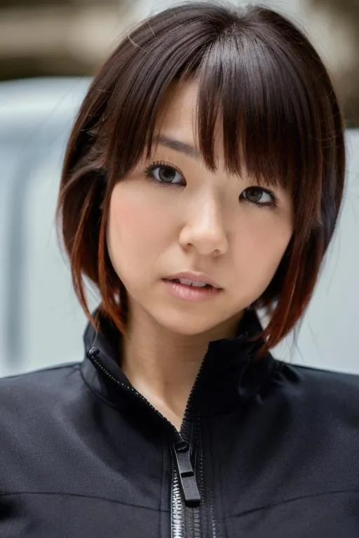 Close-up portrait of a young woman with short hair, wearing a black jacket. The image is AI generated using Stable Diffusion.