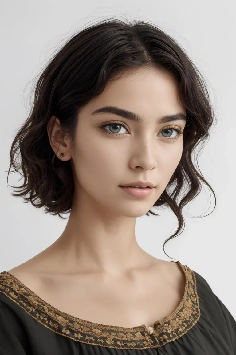 Portrait of a young woman with short wavy hair and blue eyes, wearing a black top with golden embroidery, created using Stable Diffusion.