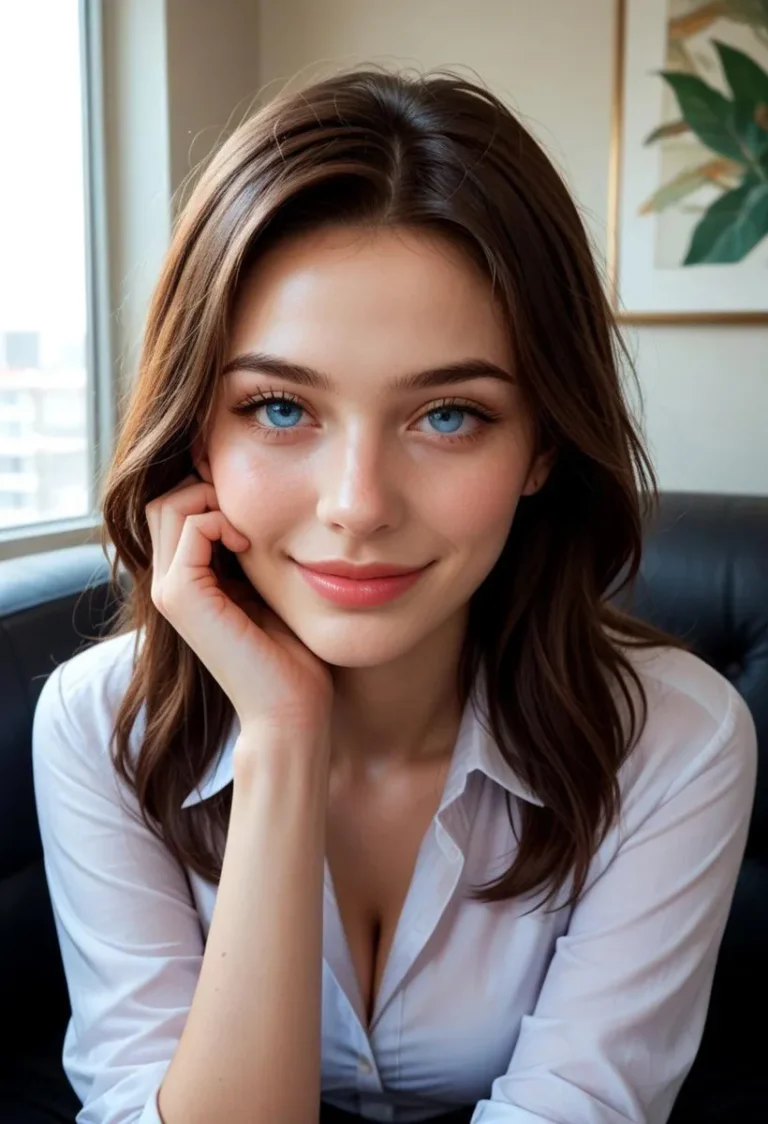 A beautiful young woman with long brown hair and striking blue eyes, sitting indoors and smiling warmly. This is an AI generated image using Stable Diffusion.