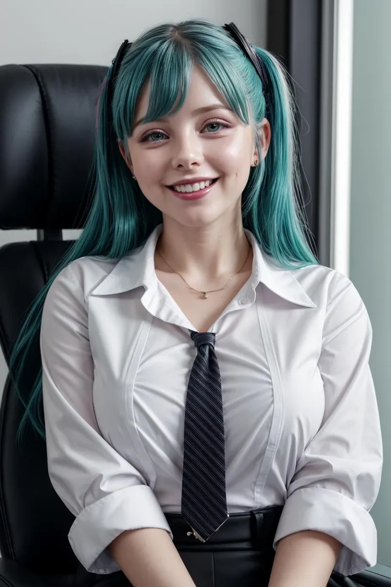 AI generated image of a young woman with vibrant blue hair, styled in pigtails, wearing a white blouse and black tie.