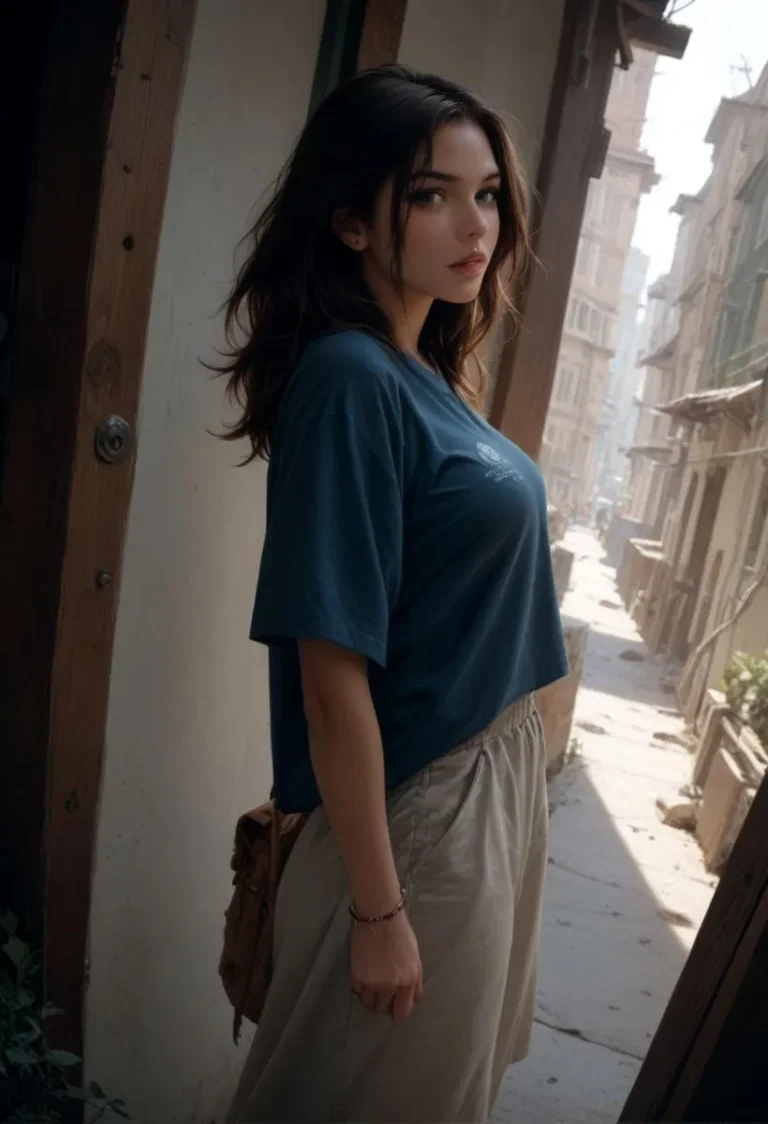 A young woman standing casually in an outdoor street scene, wearing a blue t-shirt and beige pants. This image is AI generated using Stable Diffusion.