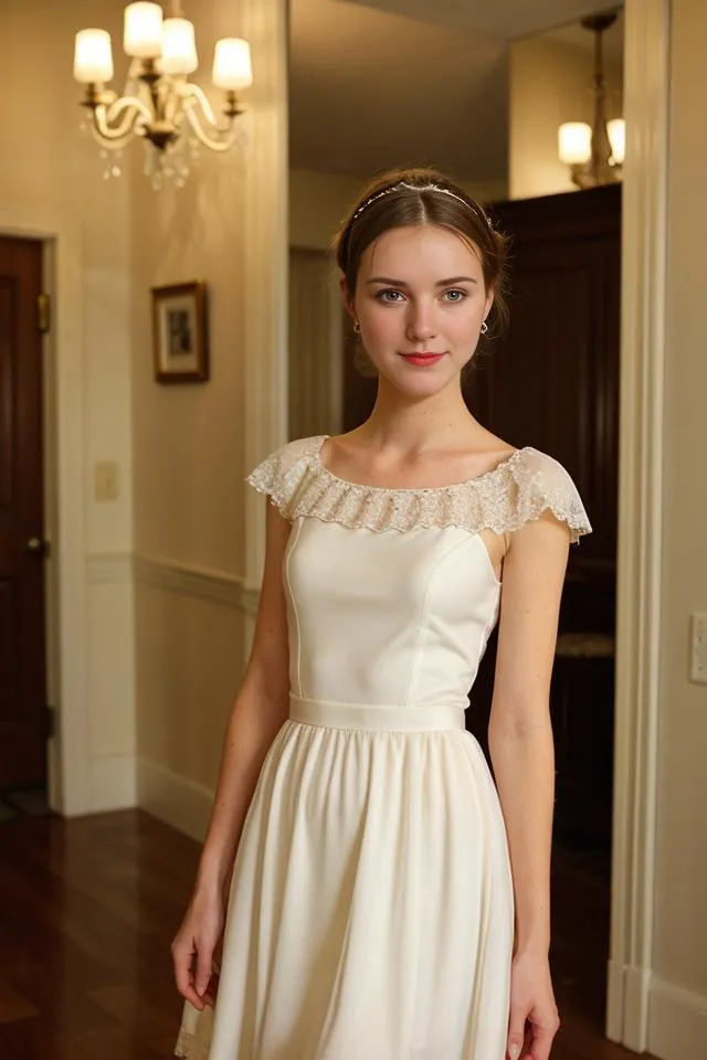 Elegant young woman in a cream-colored vintage dress, standing in a classic, old-fashioned interior setting. AI generated image using Stable Diffusion.