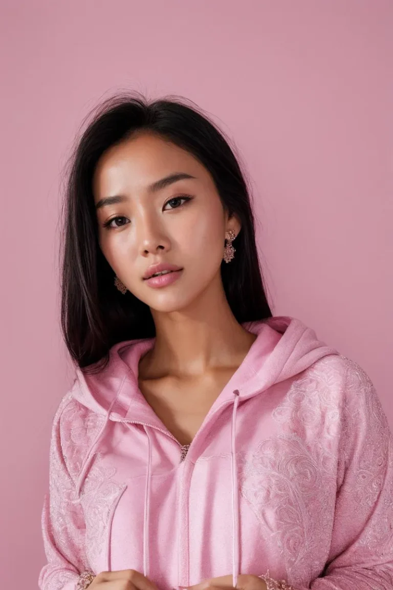 A young woman in a pink hoodie posing against a pink background. This is an AI generated image using stable diffusion.