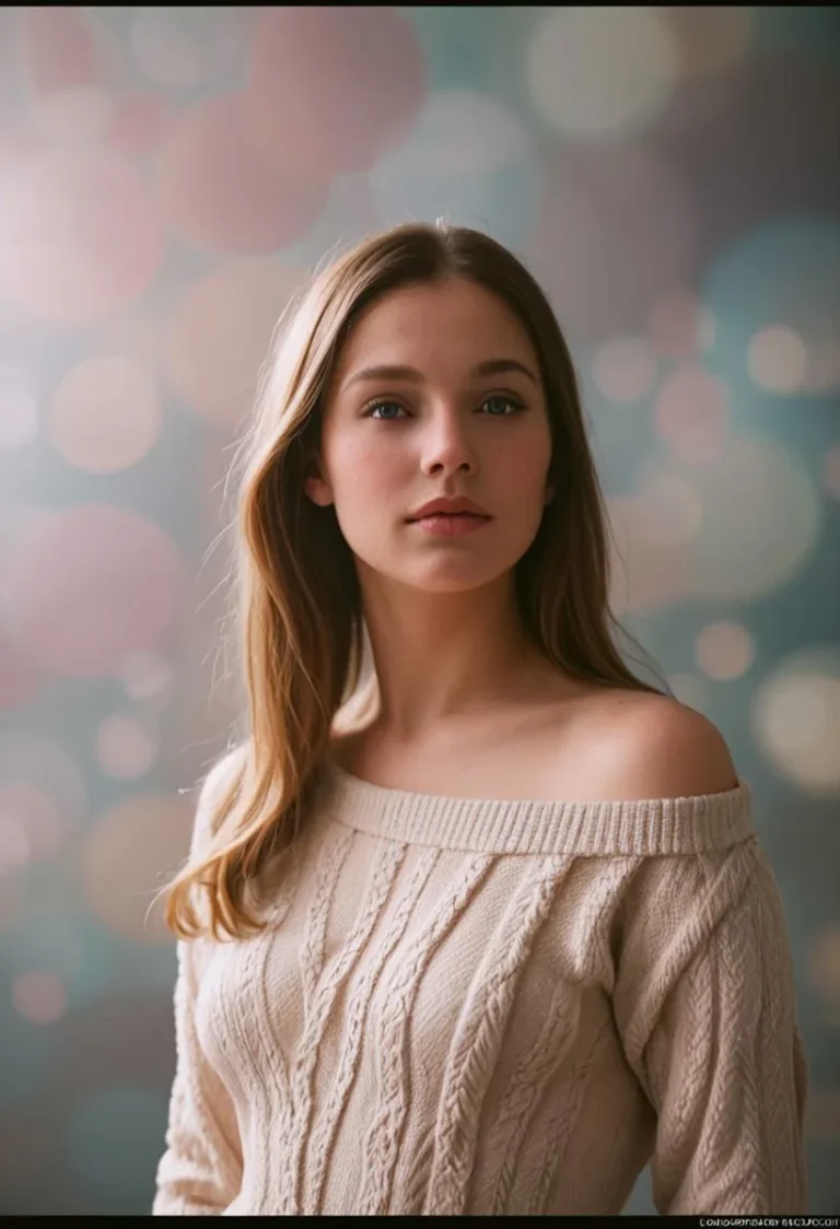 AI generated portrait of a young woman with a soft bokeh background, using stable diffusion.