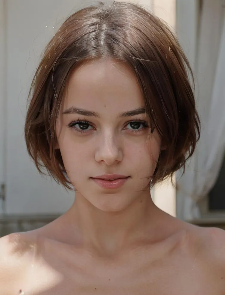 A close-up portrait of a young woman with short hair, emphasizing her natural beauty, AI generated image using Stable Diffusion.