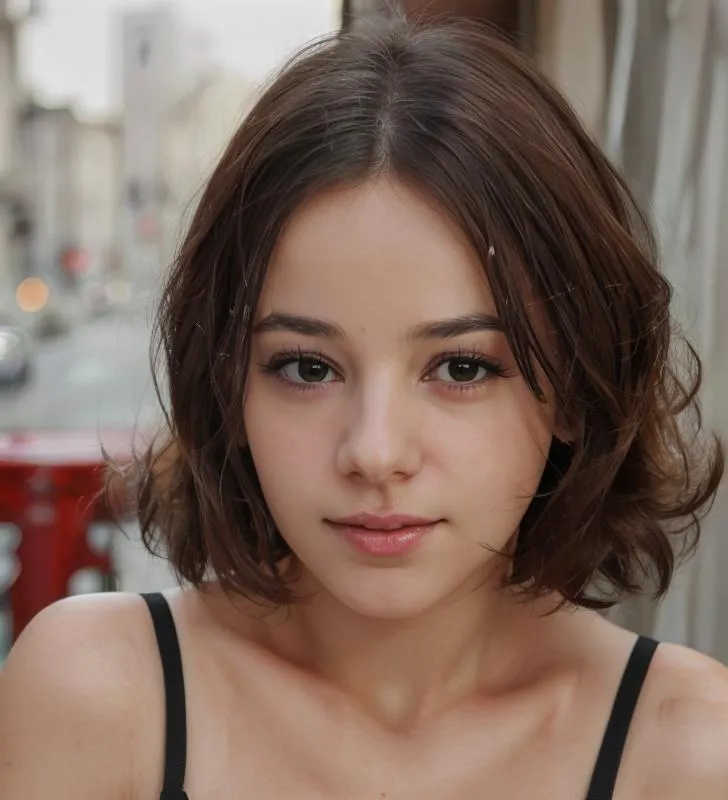 Realistic portrait of a young woman with short brown hair and subtle makeup, created using AI and Stable Diffusion.